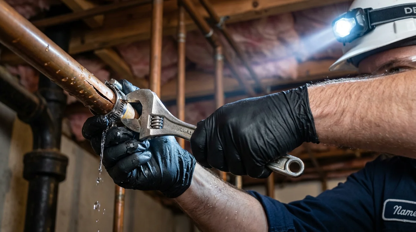 Emergency pipe clamp repair being performed by a Johns Plumbing LLC plumber in Fabens