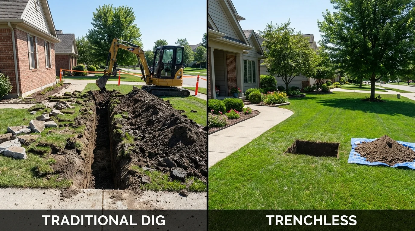 Trenchless sewer repair with minimal yard damage versus traditional excavation in Fabens, TX