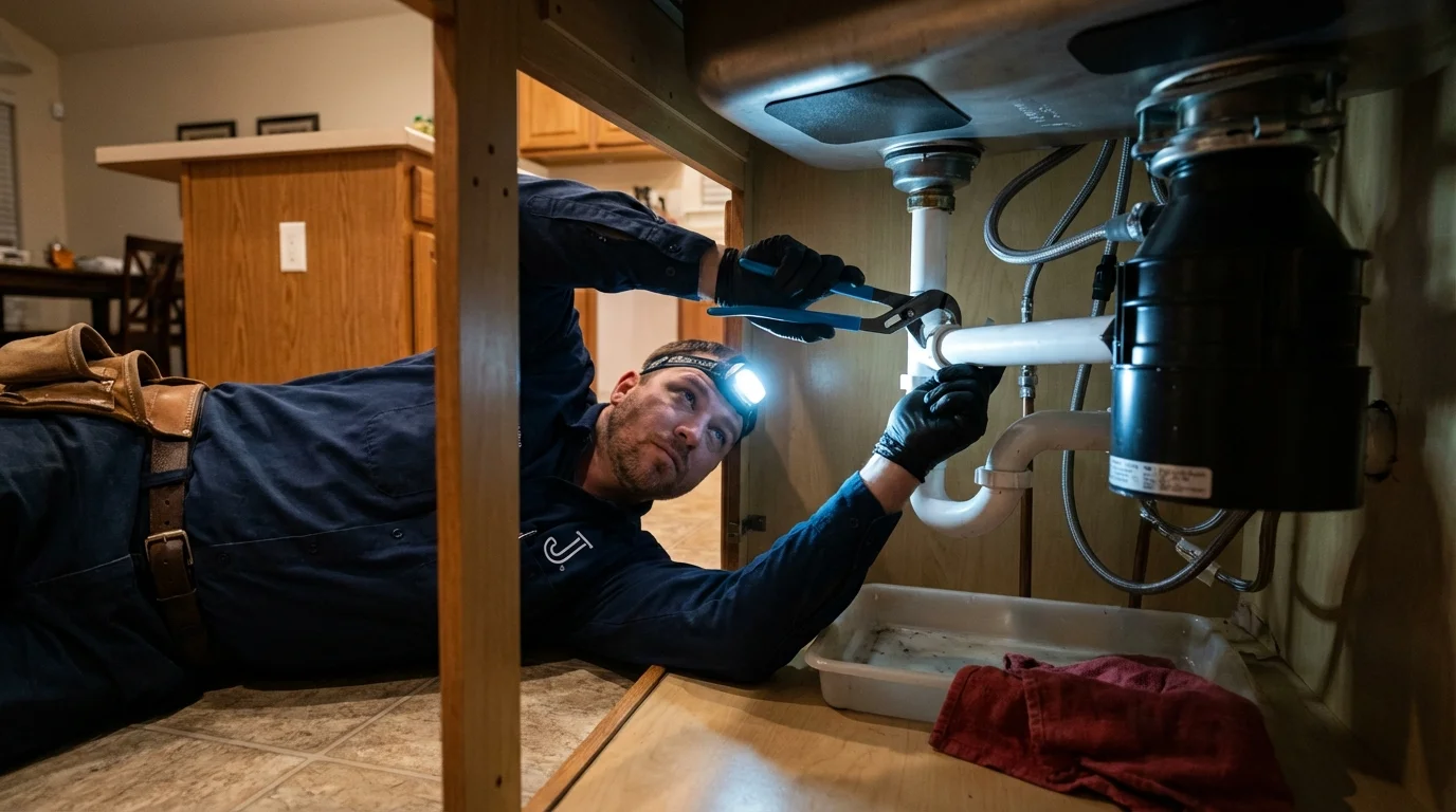 P-trap and supply line connections under a kitchen sink showing a common leak point in Fabens, TX